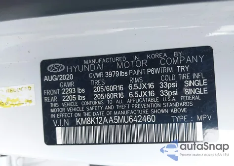 2021 Hyundai Kona Se from USA, damaged, VIN KM8K12AA5MU642460
